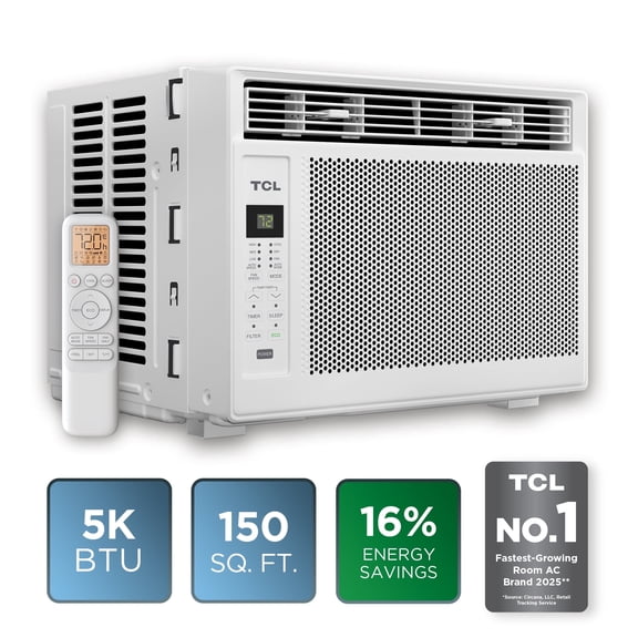 TCL 5,000 BTU Window Air Conditioner (White) - Cools up to 150 sq ft, High-Efficiency with up to 16% Energy Savings, 3-in-1 Cooling, Fan, & Dehumidifier, Comfort Tracking Remote - W5WC72