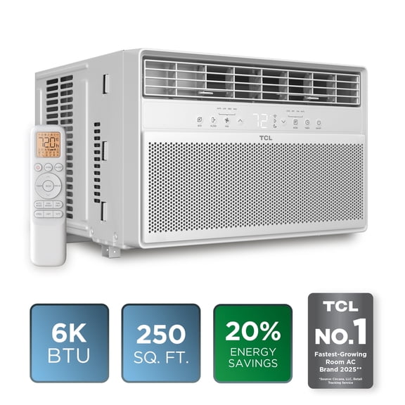 TCL 6,000 BTU Window Air Conditioner (White) - Cools up to 250 Sq ft, High-Efficiency with up to 20% Energy Savings, 3-in-1 Cooling, Fan, & Dehumidifier, Comfort Tracking Remote - W6WC72