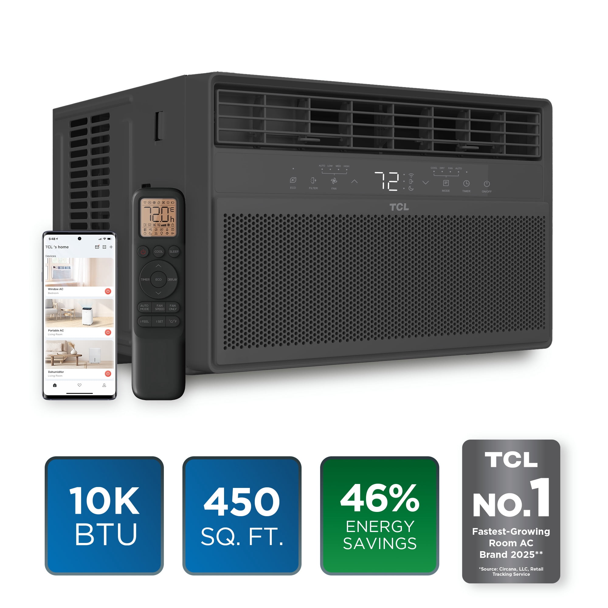 TCL 10,000 BTU Smart Inverter Window Air Conditioner (Black) - 450 Sq ft with up to 46% Energy Savings, Quiet Cooling Tech, 3-in-1 Cooling, Fan & Dehumidifier, Matter WiFi, Remote Control - W10WC72-B