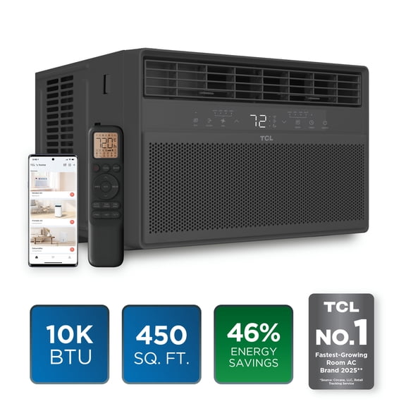 TCL 10,000 BTU Smart Inverter Window Air Conditioner (Black) - 450 Sq Ft, Up to 46% Energy Savings, Quiet Cooling Tech, 3-in-1 Cooling, Fan & Dehumidifier, Matter Wi-Fi, Remote Control - W10WC72-B