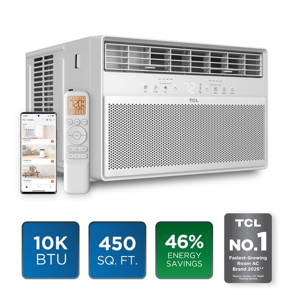 TCL 10,000 BTU Smart Inverter Window Air Conditioner (White) - 450 Sq Ft, Up to 46% Energy Savings, Quiet Cooling Tech, 3-in-1 Cooling, Fan & Dehumidifier, Matter Wi-Fi, Remote Control - W10WC72