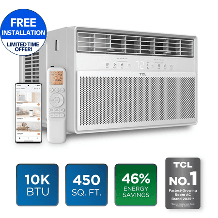 TCL 10,000 BTU Smart Inverter Window Air Conditioner (White) - 450 Sq Ft, Up to 46% Energy Savings, Quiet Cooling Tech, 3-in-1 Cooling, Fan & Dehumidifier, Matter Wi-Fi, Remote Control - W10WC72