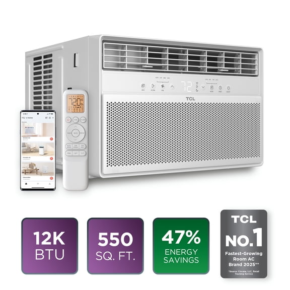 TCL 12,000 BTU Smart Inverter Window Air Conditioner (White) - 550 Sq Ft, Up to 47% Energy Savings, Quiet Cooling Tech, 3-in-1 Cooling, Fan & Dehumidifier, Matter Wi-Fi, Remote Control - W12WC72
