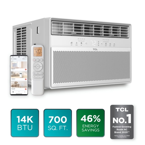 TCL 14,000 BTU Smart Inverter Window Air Conditioner (White) - 700 Sq ft with up to 46% Energy Savings, Quiet Cooling Tech, 3-in-1 Cooling, Fan & Dehumidifier, Matter Wi-Fi, Remote Control - W14WC72