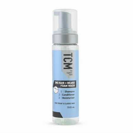 TCM 3N1 Hair & Beard Foam Wash, Shampoo & Conditioner, Hydrates & Softens, No-Rinse Cleanser, 7.5 oz