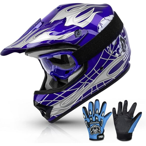 TCMT Blue Kids Motorcycle Motocross ATV Dirtbike BMX MX Offroad Full Face Youth Helmet Gloves Goggles Dot Approved