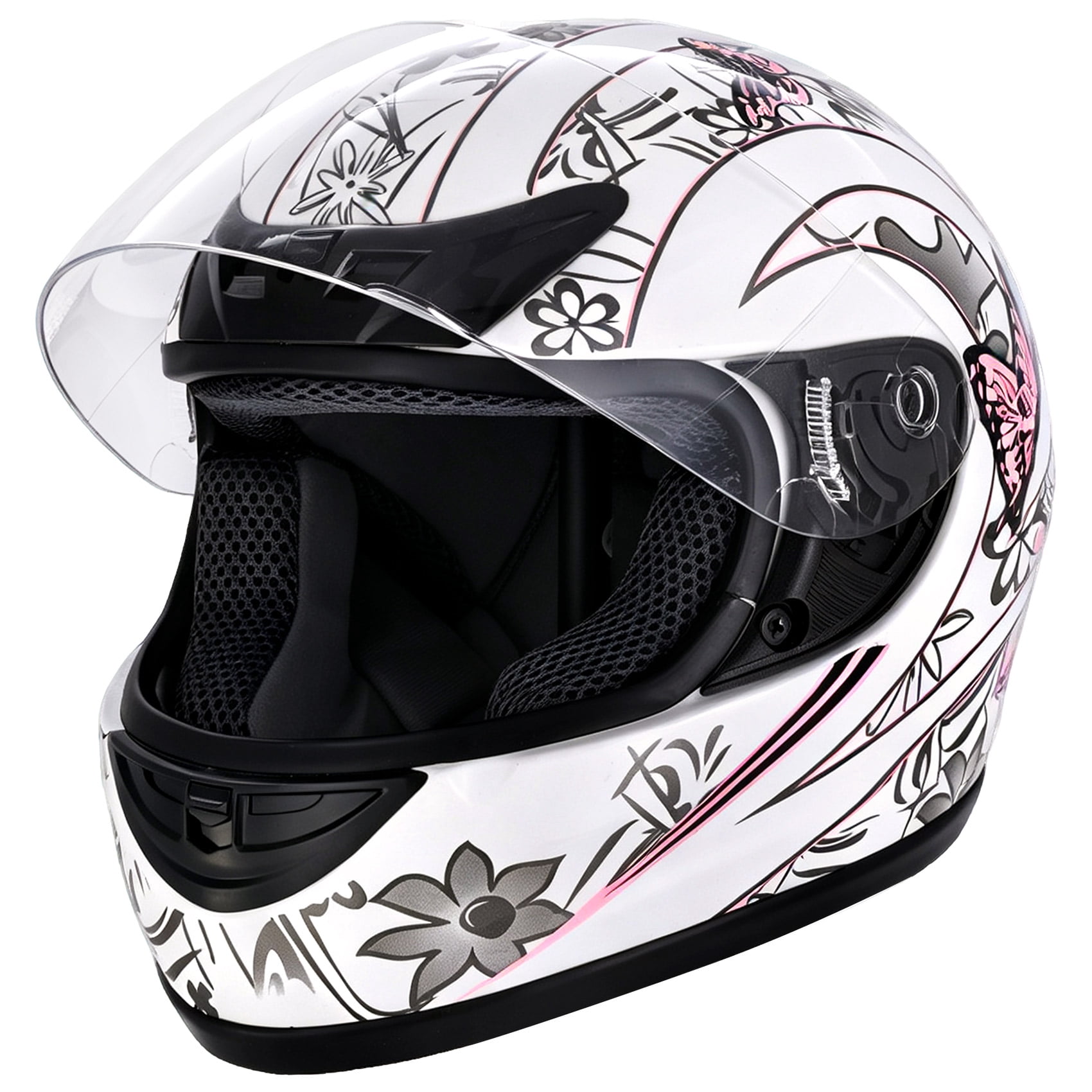 TCMT DOT Adult Full Face Motorcycle Helmet White Pink Butterfly with Flip Up Modular for Motocross Offroad Street Dirt Bike M Size