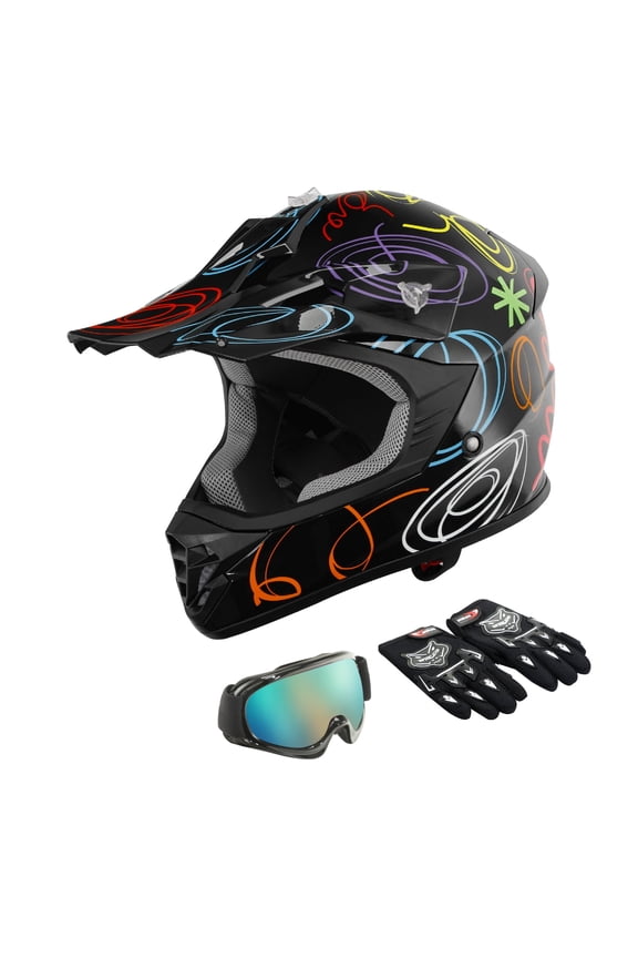 DOT Dirt Bike Helmet for Kids with Goggles & Gloves, for Motocross Offroad Street Motorcycle, Youth L Size, Black Graffiti