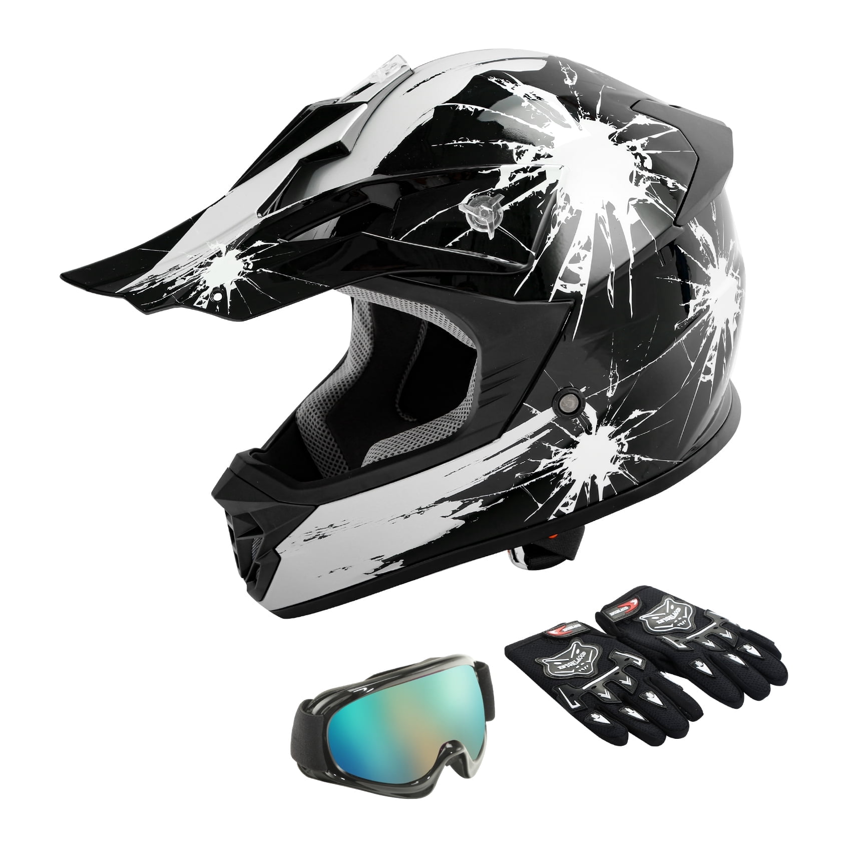 TCMT DOT Dirt Bike Helmet for Kids with Goggles & Gloves, for Motocross Offroad Street Motorcycle, Youth L Size, Black White Firework