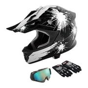 TCMT DOT Dirt Bike Helmet for Kids with Goggles & Gloves, for Motocross Offroad Street Motorcycle, Youth L Size, Black White Firework