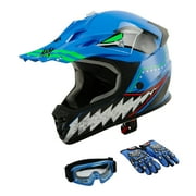 TCMT DOT Dirt Bike Helmet for Kids with Goggles & Gloves, for Motocross Offroad Street Motorcycle, Youth L Size, Blue Shark
