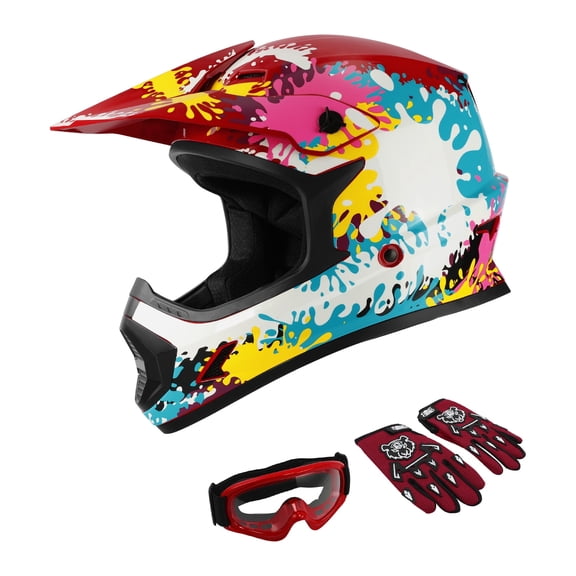 TCMT DOT Dirt Bike Helmet for Kids with Goggles & Gloves, for Motocross Offroad Street Motorcycle, Youth L Size, White Graffiti