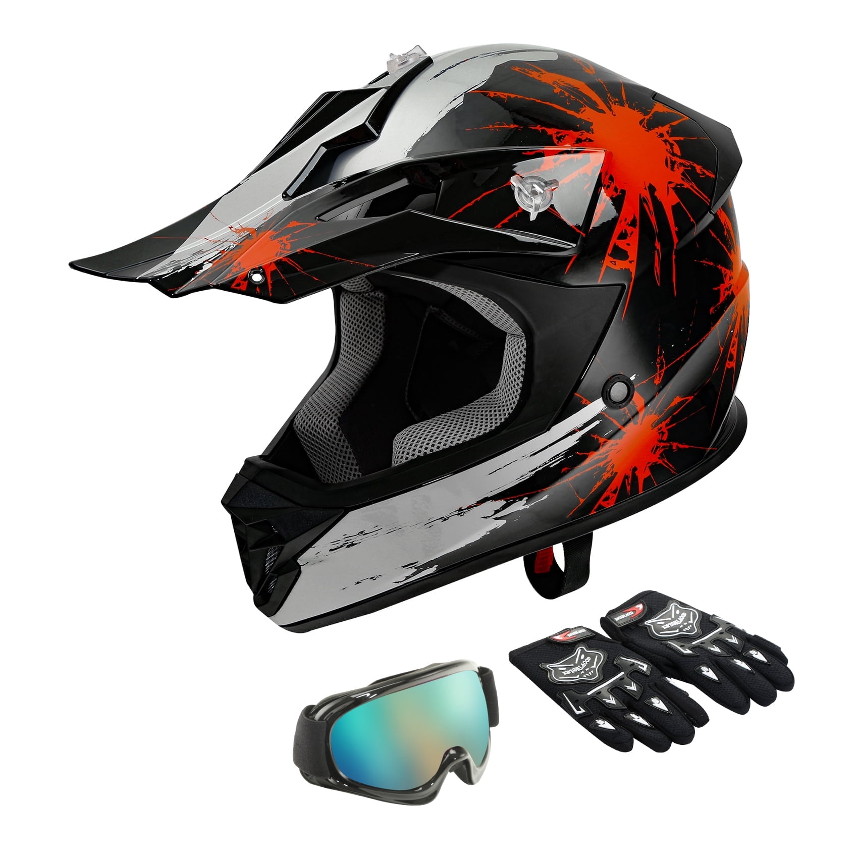 TCMT DOT Dirt Bike Helmet for Kids with Goggles & Gloves, for Motocross Offroad Street Motorcycle, Youth S Size, Black Red Firework