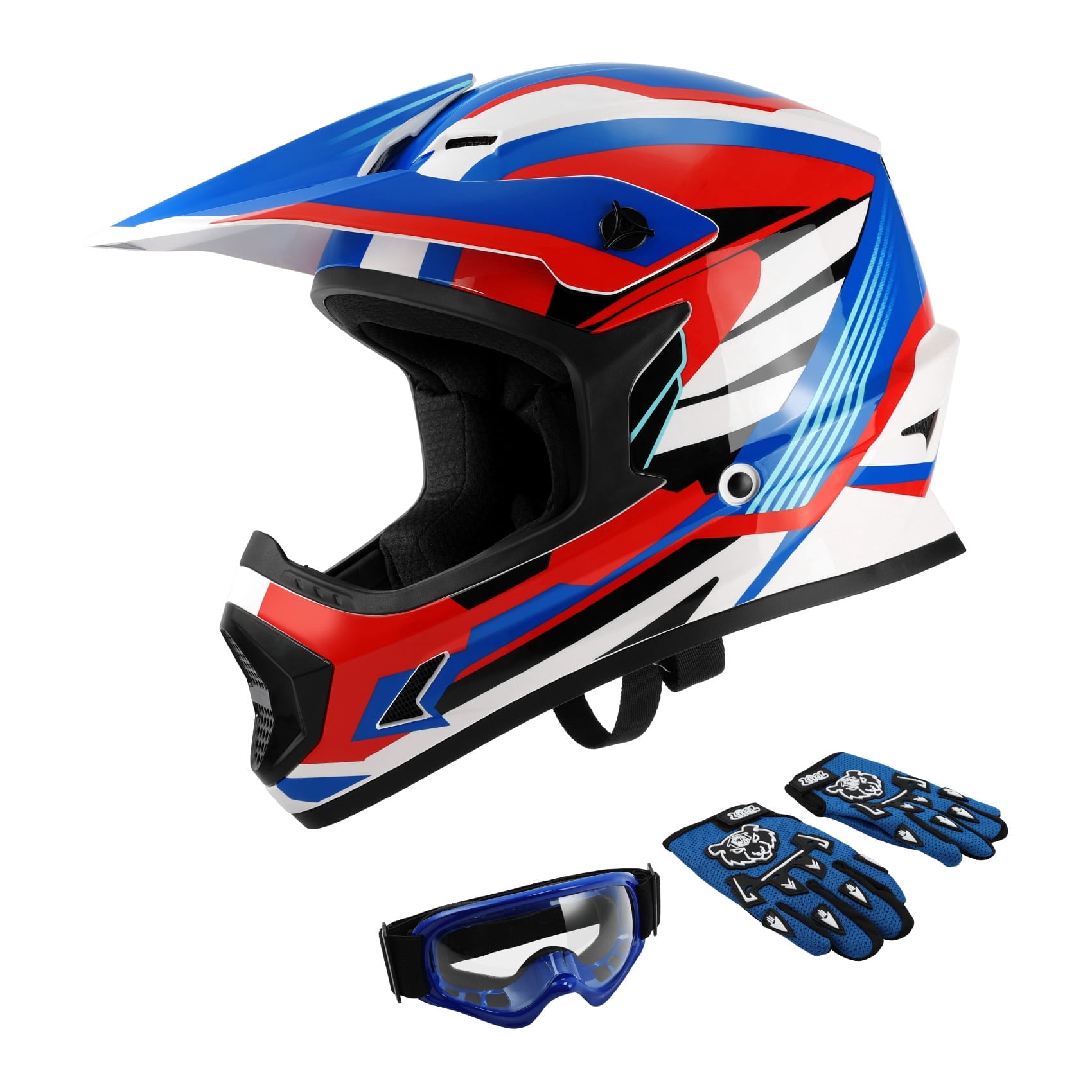 TCMT DOT Dirt Bike Helmet for Kids with Goggles & Gloves, for Motocross Offroad Street Motorcycle, Youth S Size, Blue Red Stripe