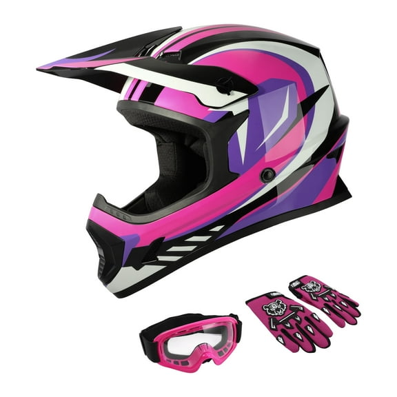 TCMT DOT Dirt Bike Helmet for Kids with Goggles & Gloves, for Motocross Offroad Street Motorcycle, Youth S Size, Rose Red
