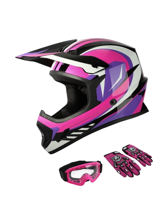 DOT Dirt Bike Helmet for Kids with Goggles & Gloves, for Motocross Offroad Street Motorcycle, Youth S Size, Rose Red