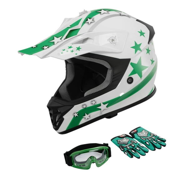 TCMT DOT Dirt Bike Helmet for Kids with Goggles & Gloves, for Motocross Offroad Street Motorcycle, Youth S Size, White Green Star