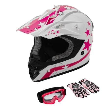 TCMT DOT Dirt Bike Helmet for Kids with Goggles & Gloves, for Motocross Offroad Street Motorcycle, Youth S Size, White Pink Star