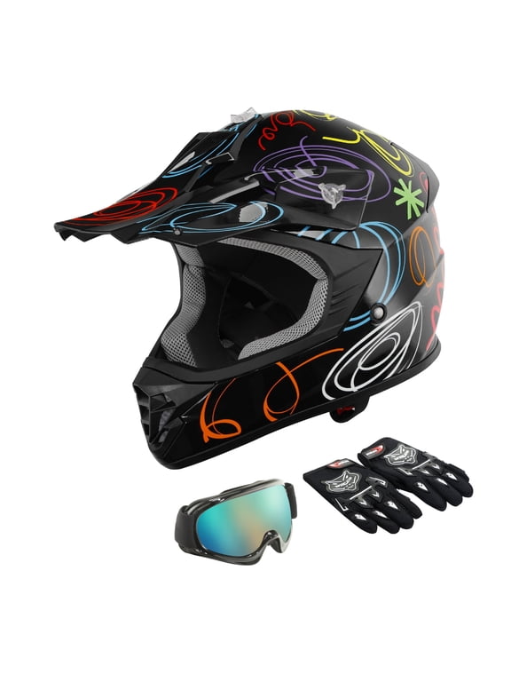 DOT Dirt Bike Helmet for Kids with Goggles & Gloves, for Motocross Offroad Street Motorcycle, Youth XL Size, Black Graffiti