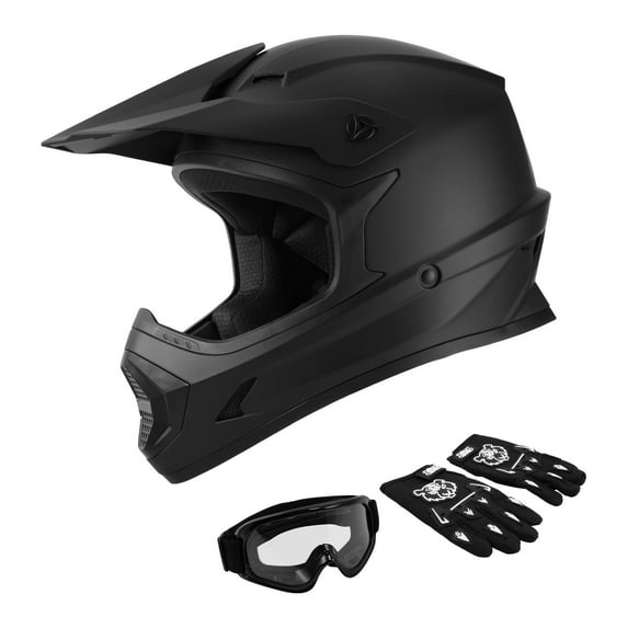 TCMT DOT Dirt Bike Helmet for Kids with Goggles & Gloves, for Motocross Offroad Street Motorcycle, Youth XL Size, Matte Black