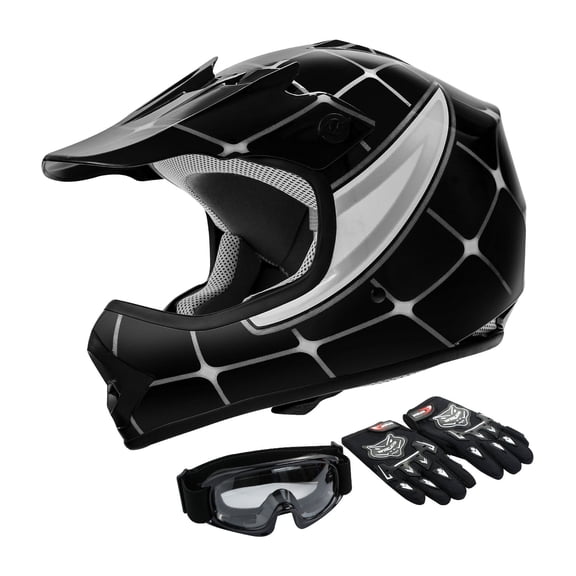 TCMT DOT Motorcycle Helmet for Kids Black Spider with Goggles & Gloves for Atv Mx Motocross Offroad Street Dirt Bike Youth L Size