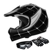 TCMT DOT Motorcycle Helmet for Kids Black Spider with Goggles & Gloves for Atv Mx Motocross Offroad Street Dirt Bike Youth M Size