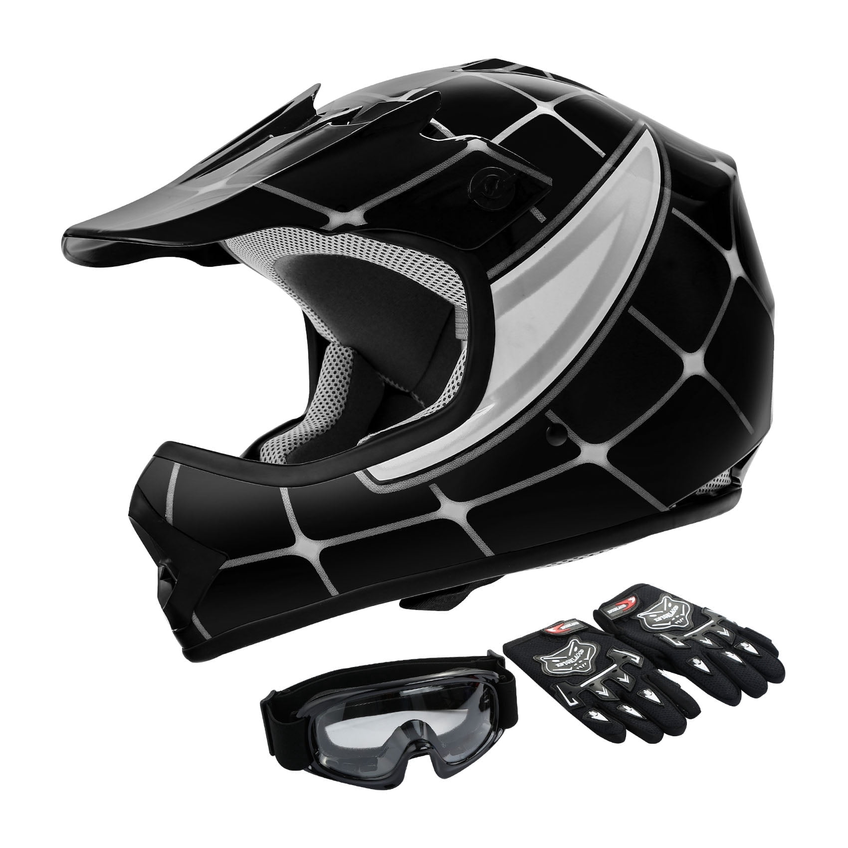 TCMT DOT Motorcycle Helmet for Kids Black Spider with Goggles & Gloves for Atv Mx Motocross Offroad Street Dirt Bike Youth S Size