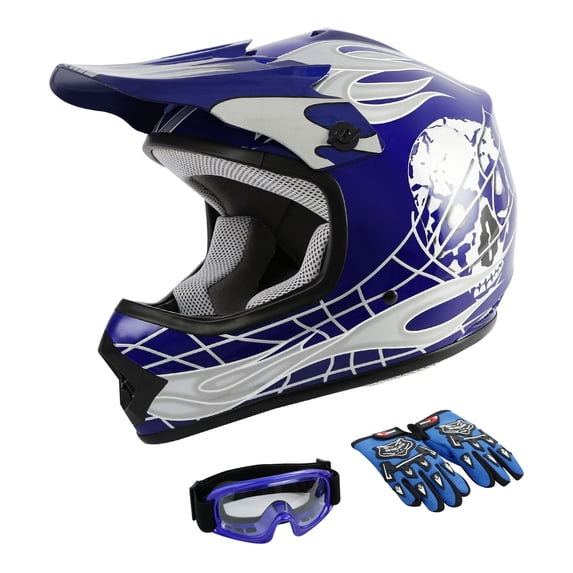 TCMT DOT Motorcycle Helmet for Kids Blue Flame Skull with Goggles & Gloves for Atv Mx Motocross Offroad Street Dirt Bike Youth XL Size