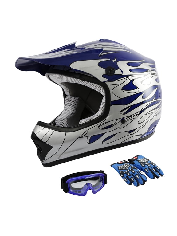 DOT Motorcycle Helmet for Kids Blue Flame with Goggles & Gloves for Atv Mx Motocross Offroad Street Dirt Bike Youth L Size