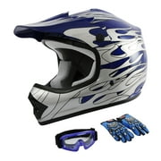 TCMT DOT Motorcycle Helmet for Kids Blue Flame with Goggles & Gloves for Atv Mx Motocross Offroad Street Dirt Bike Youth M Size
