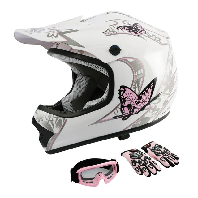 TCMT DOT Motorcycle Helmet for Kids Pink Butterfly White with Goggles ...