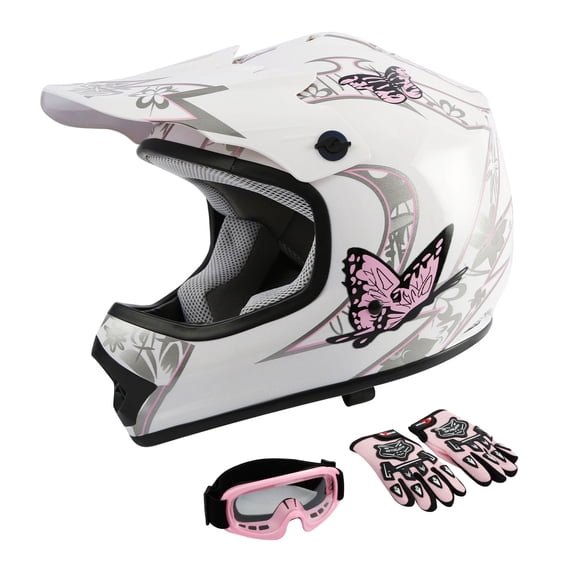 TCMT DOT Motorcycle Helmet for Kids Pink Butterfly White with Goggles & Gloves for Dirt Bike Motocross Offroad Street Youth L Size