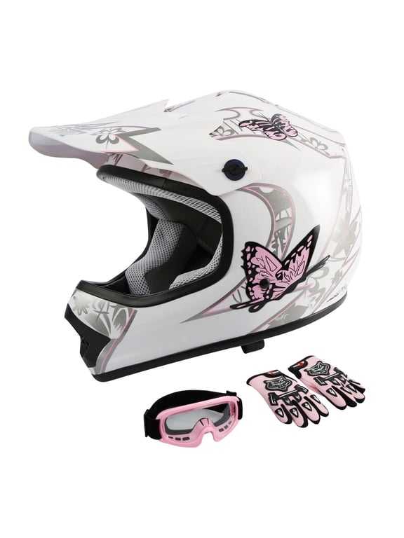DOT Motorcycle Helmet for Kids Pink Butterfly White with Goggles & Gloves for Dirt Bike Motocross Offroad Street Youth M Size