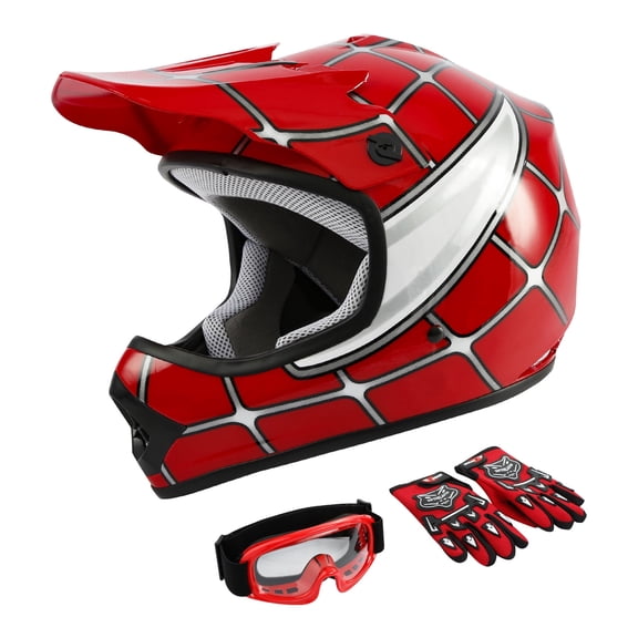 TCMT DOT Motorcycle Helmet for Kids Red Spider Net with Goggles & Gloves for Atv Mx Motocross Offroad Street Dirt Bike Youth M Size