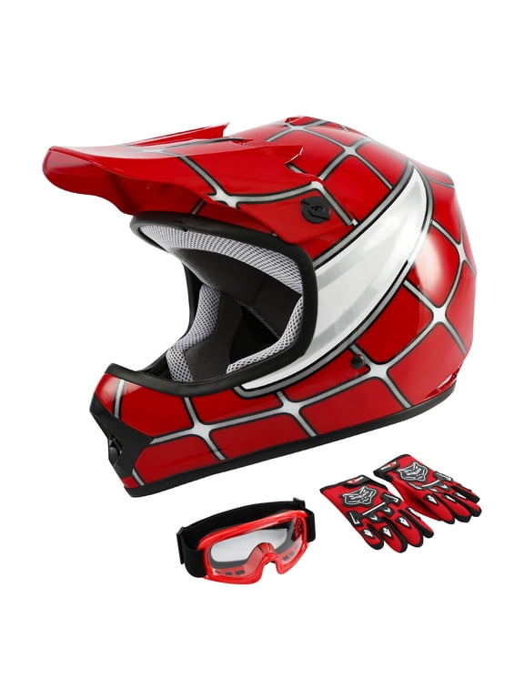 DOT Motorcycle Helmet for Kids Red Spider Net with Goggles & Gloves for Atv Mx Motocross Offroad Street Dirt Bike Youth S Size