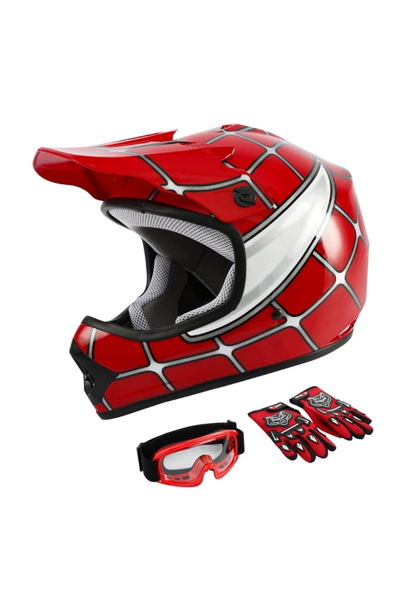 DOT Motorcycle Helmet for Kids Red Spider Net with Goggles & Gloves for Atv Mx Motocross Offroad Street Dirt Bike Youth S Size