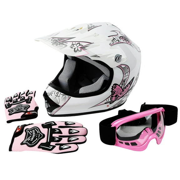 TCMT DOT Youth & Kids Motorcycle Helmet Pink Butterfly White with Goggles & Gloves for Atv Mx Motocross Offroad Street Dirt Bike S Size