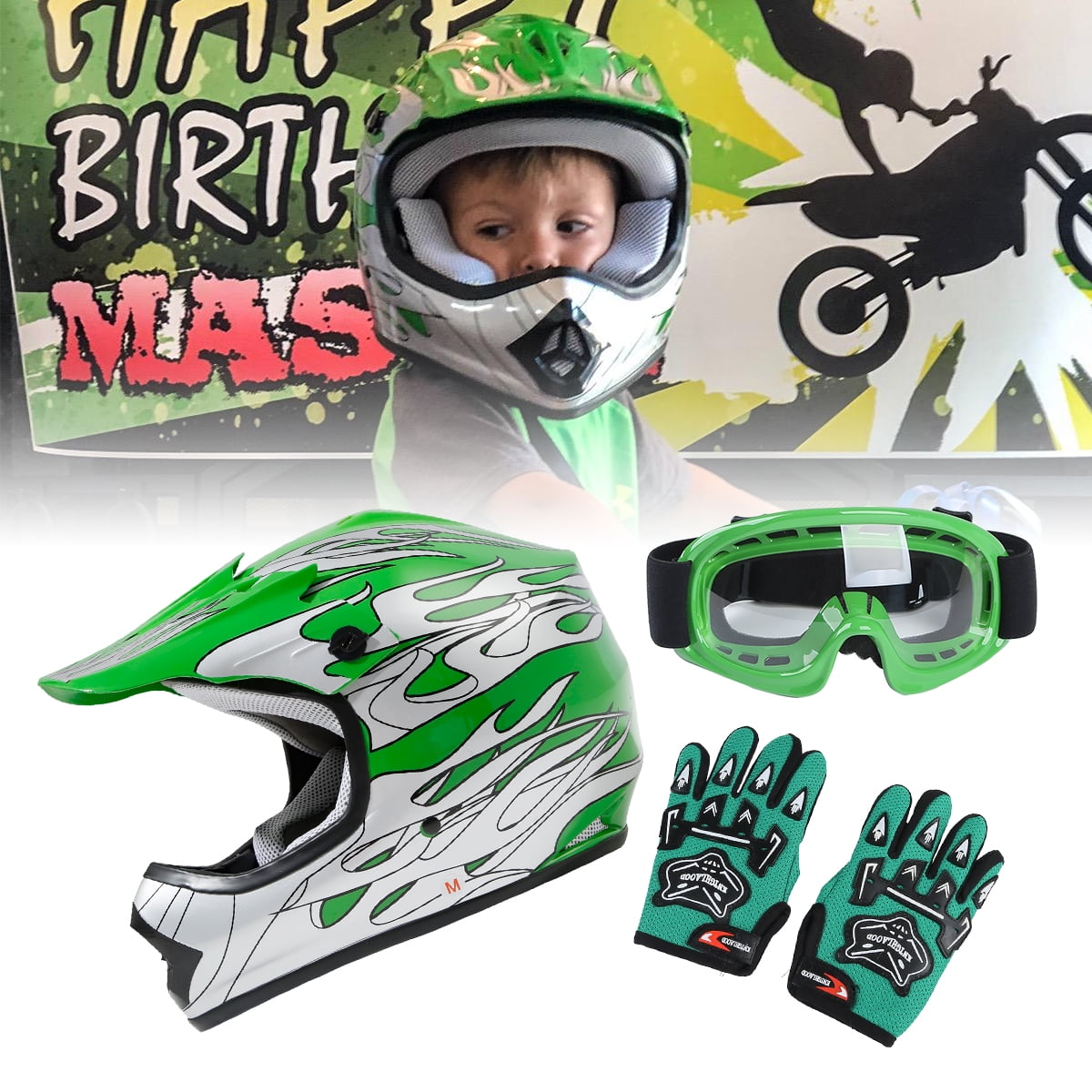Goggles Green Dirt Bike Gear TCMT Kids Green Flame Helmet With Goggles And Gloves For Dirt Bike Road,  DOT Youth L Size
