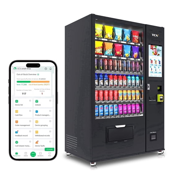 TCN Commercial Vending Machine with Touchscreen & Remote Management, 6 Shelves, 60 Compartments, Floor Standing, Black-Brown
