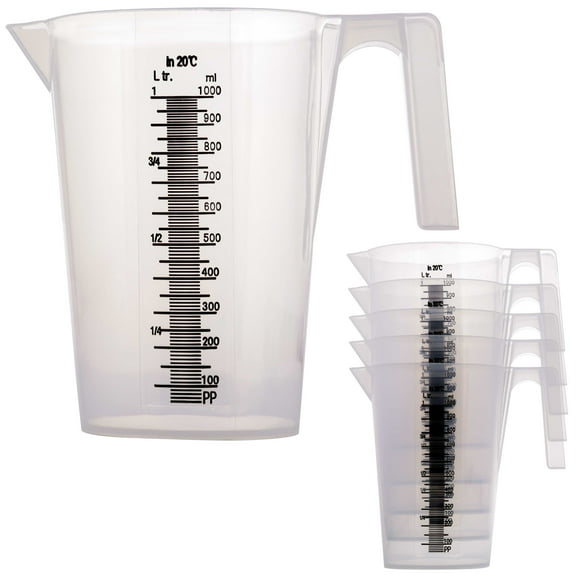 TCP Global 1 Liter (1000ml) Plastic Graduated Measuring and Mixing Pitcher (Pack of 6) - Holds Over 1 Quart (32oz) - Pouring Cups, Measure & Mix Paint, Resin, Epoxy, Kitchen Cooking Baking Ingredients