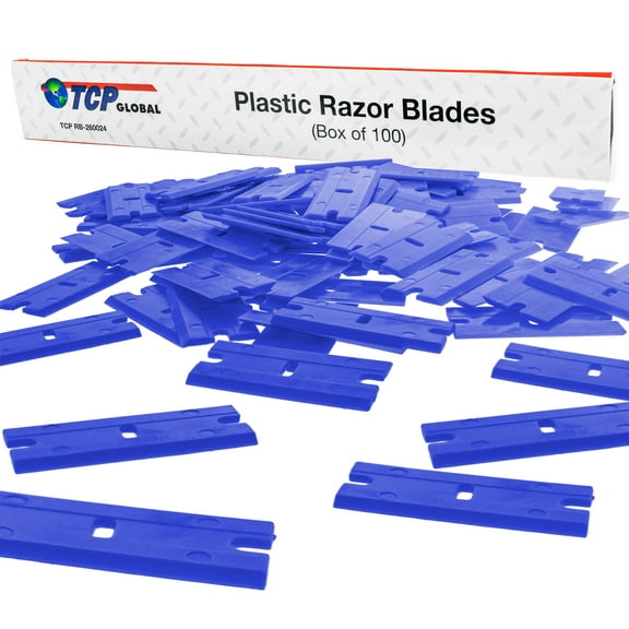 TCP Global 100 Piece Plastic Razor Scraper Blades with Chisel Edge, Remove Decals, Stickers, Adhesive, Clean Glass