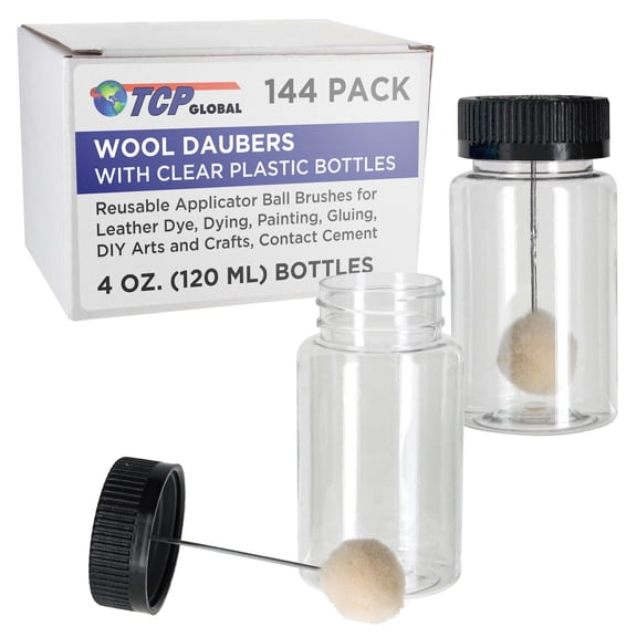TCP Global 144-Pack Wool Daubers with Clear Plastic Bottles, 4 oz. (120 ml) - Safety Lids, Applicator Ball Brushes for Leather Dye, Dying, Painting, Gluing, DIY Arts and Crafts, Contact Cement