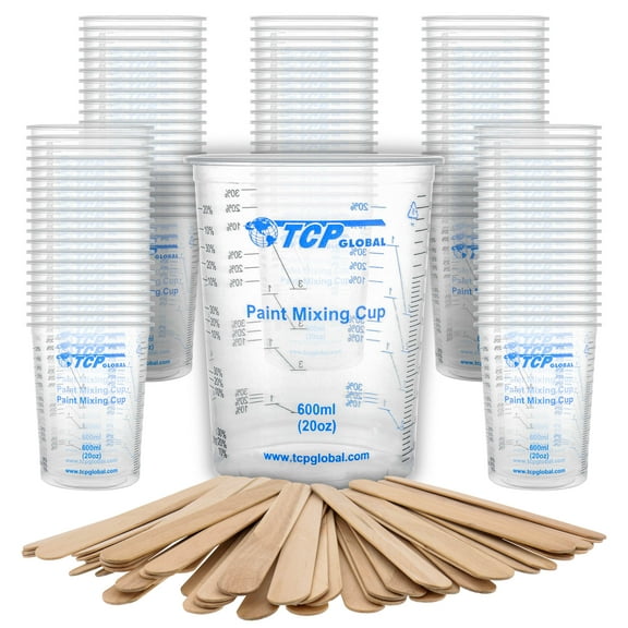 TCP Global 20 Ounce (600ml) Disposable Flexible Clear Graduated Plastic Mixing Cups - Box of 100 Cups & 50 Mixing Sticks - Use for Paint, Resin, Epoxy, Art, Kitchen - Measuring Ratios 2-1, 3-1, 4-1 ML