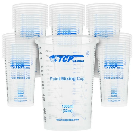 TCP Global 32 Ounce (1000ml) Disposable Flexible Clear Graduated Plastic Mixing Cups - Box of 50 Cups - Use for Paint, Resin, Epoxy, Art, Kitchen, Cooking, Baking - Measuring Ratios 2-1, 3-1, 4-1, ML