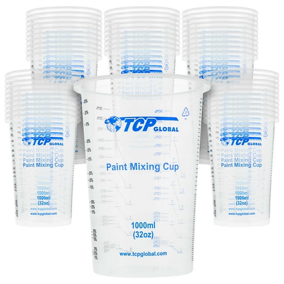 TCP Global 32 Ounce (1000ml) Disposable Flexible Clear Graduated Plastic Mixing Cups - Box of 50 Cups - Use for Paint, Resin, Epoxy, Art, Kitchen, Cooking, Baking - Measuring Ratios 2-1, 3-1, 4-1, ML