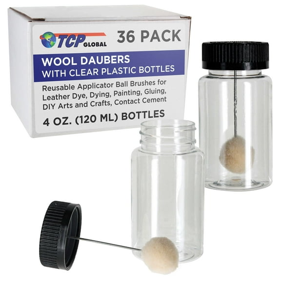 TCP Global 36-Pack Wool Daubers with Clear Plastic Bottles, 4 oz. (120 ml) - Safety Lids, Applicator Ball Brushes for Leather Dye, Dying, Painting, Gluing, DIY Arts and Crafts, Contact Cement