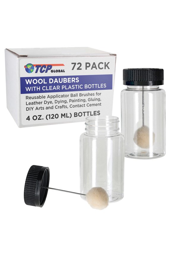 72-Pack Wool Daubers with Clear Plastic Bottles, 4 oz. (120 ml) - Safety Lids, Applicator Ball Brushes for Leather Dye, Dying, Painting, Gluing, DIY Arts and Crafts, Contact Cement