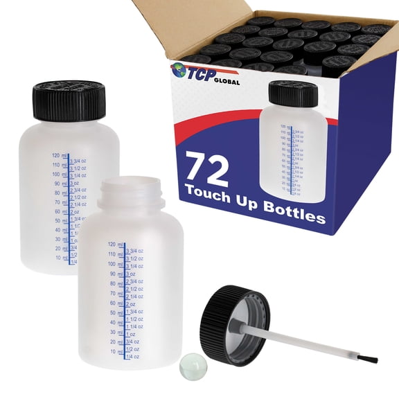 TCP Global Paint Touch-Up Bottles with Child Safety Lids (Box of 72) - 4.5 Ounce (140ml) Fluid Capacity, Mixing Ball, Touch-Up Applicator Brush - Fix Auto Paint Chips, Scratches, Stone Chips, Storage