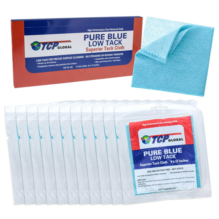TCP Global - Pure Blue Low Tack Superior Tack Cloths - Tack Rags (Box of 12) - Automotive Car Painters Professional Grade - Removes Dust, Sanding