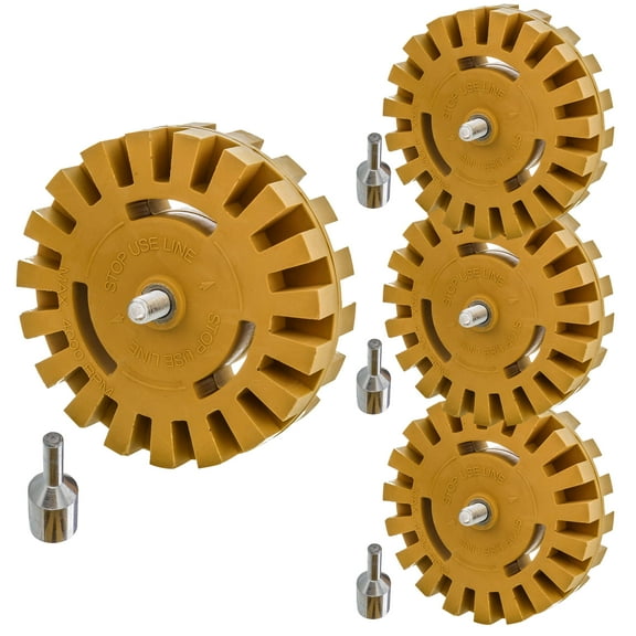 TCP Global Rubber Eraser Wheel with Drill Adapter (4 Pack) - 4" Knobby Slotted Edge Pad - Decal Remover Wheel - Sticker Remover Tool - Removes Adhesives on Car, Auto, Boat, RV & Signs